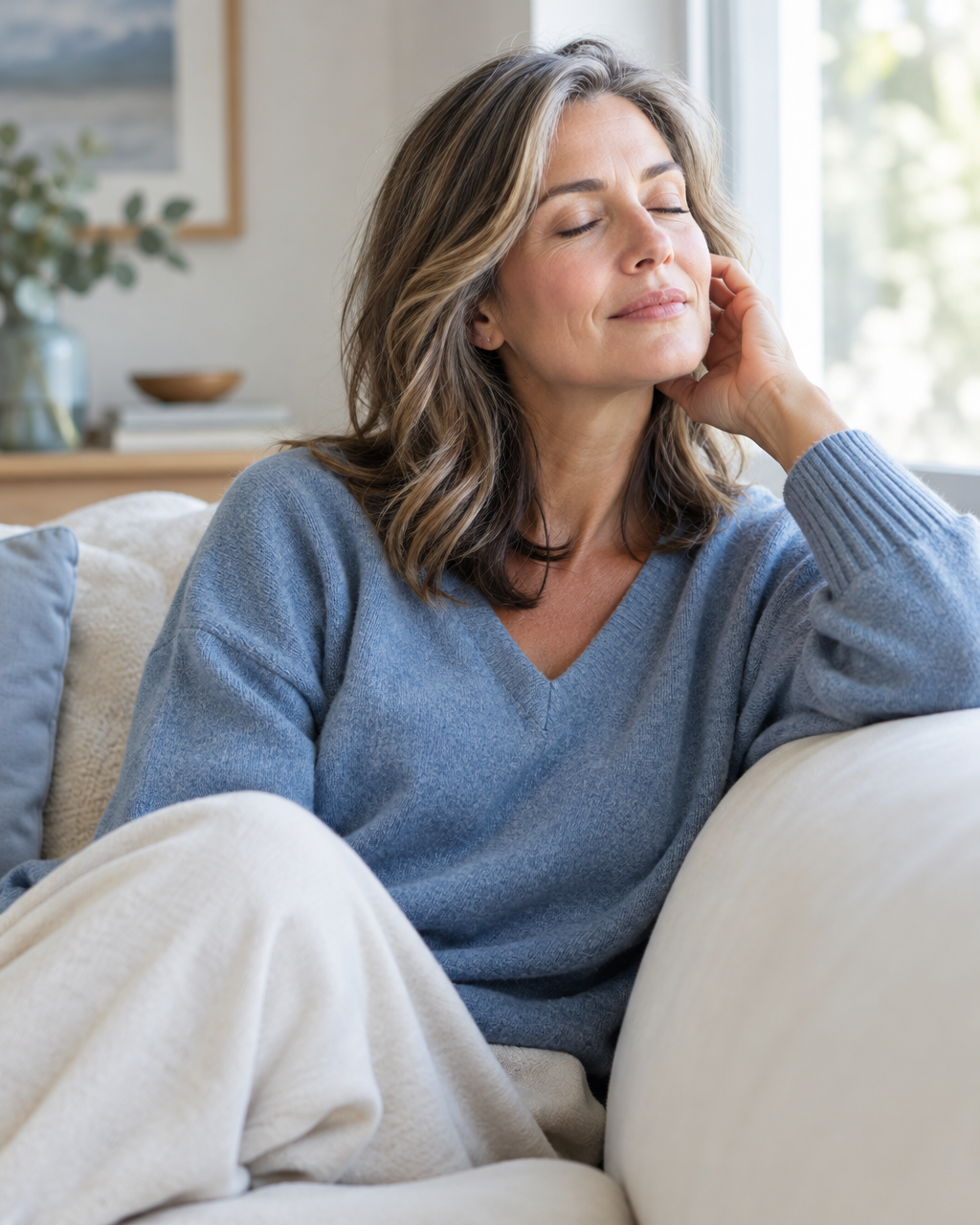 Woman sitting calmly by a bright window with one hand resting gently near her ear