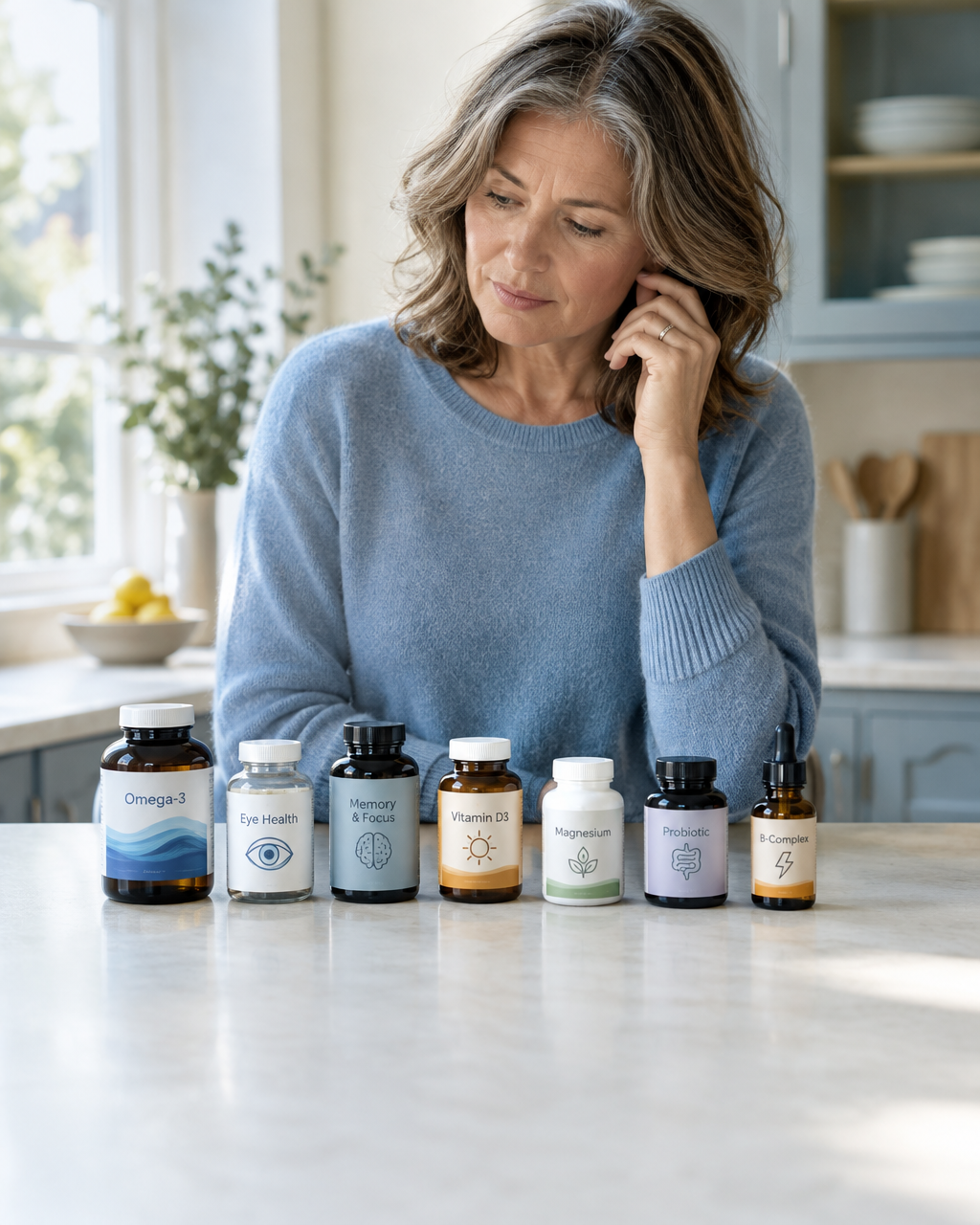Woman at a kitchen counter with rows of heart, eye and brain supplement bottles, hand near her ear