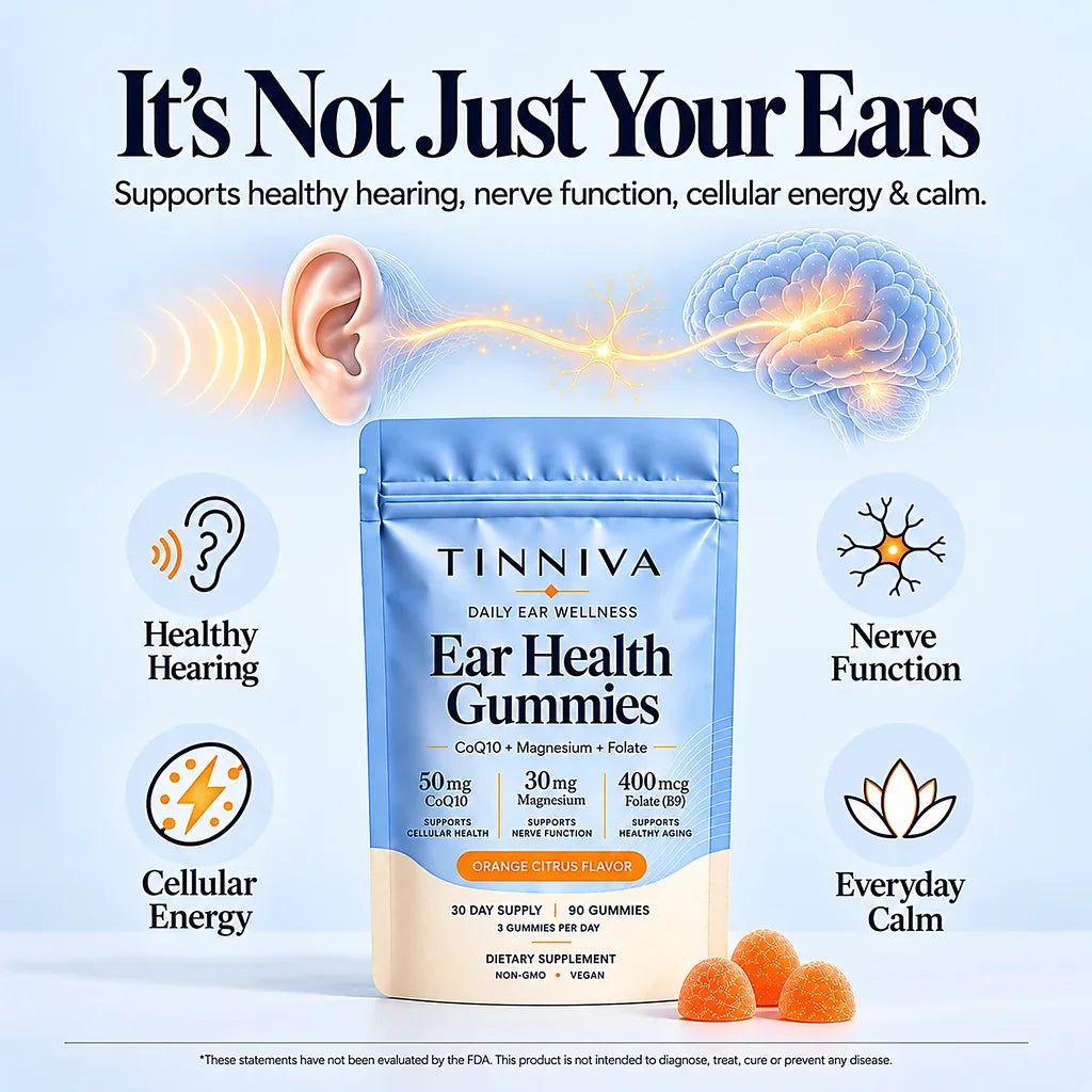 Tinniva Ear Health Gummies pouch with CoQ10, magnesium and folate, beside an ear and brain nerve illustration
