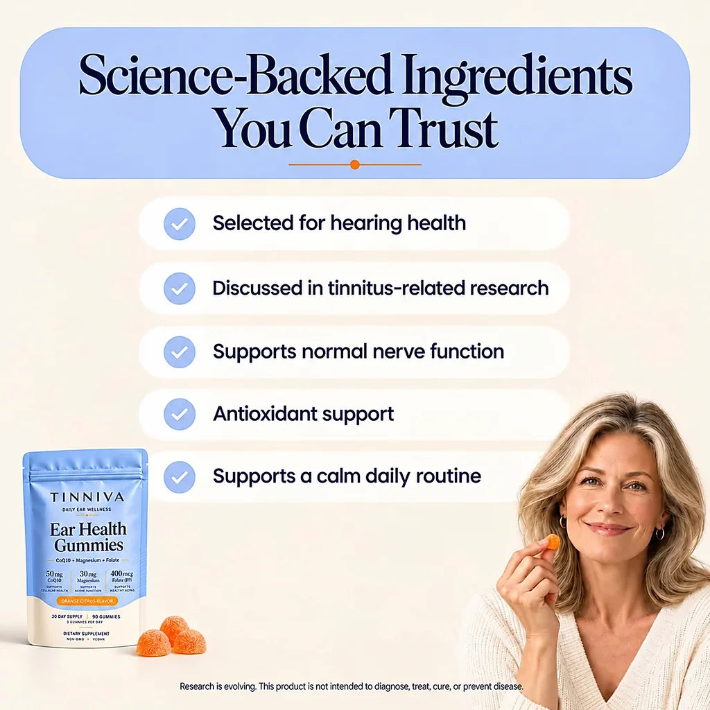 Tinniva Ear Health Gummies pouch and woman holding an orange gummy, with a list of ingredient benefits