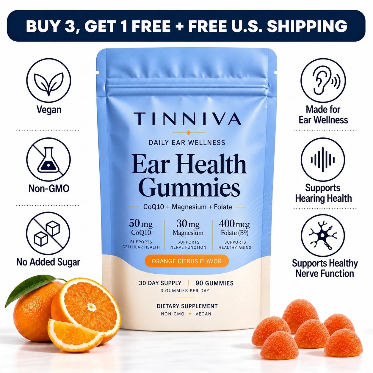Tinniva Ear Health Gummies pouch, orange citrus flavor, with fresh oranges and gummies, vegan and non-GMO