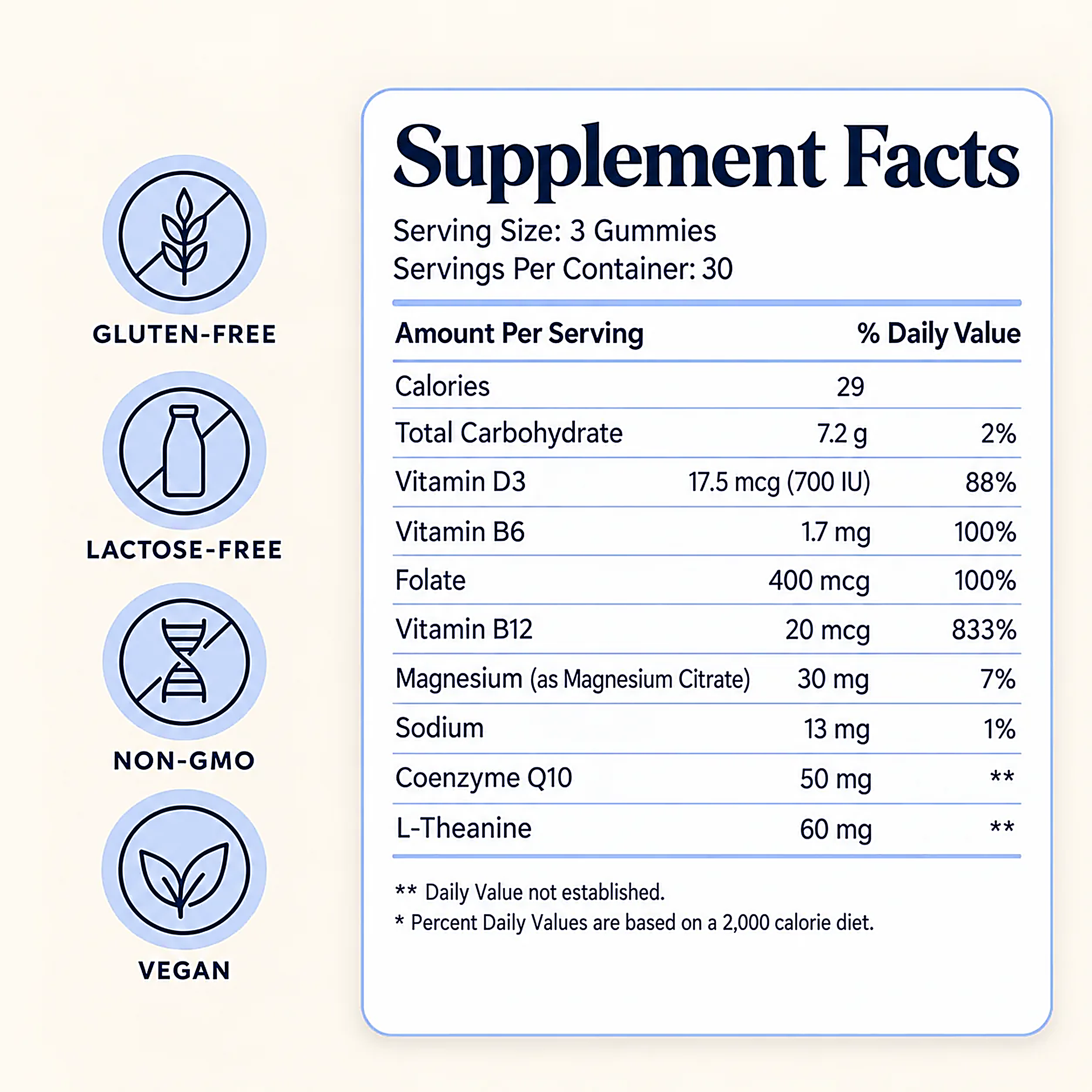Supplement facts label for Tinniva Ear Health Gummies: serving size 3 gummies, 30 servings, gluten-free, lactose-free, non-GMO, vegan